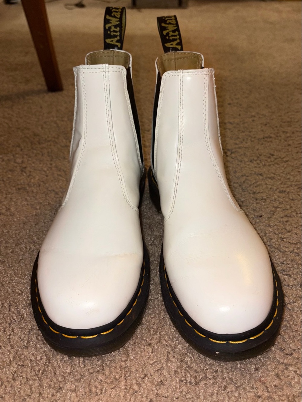 Dr. Martens White Chelsea Boots with Black Soles and Yellow Stitching